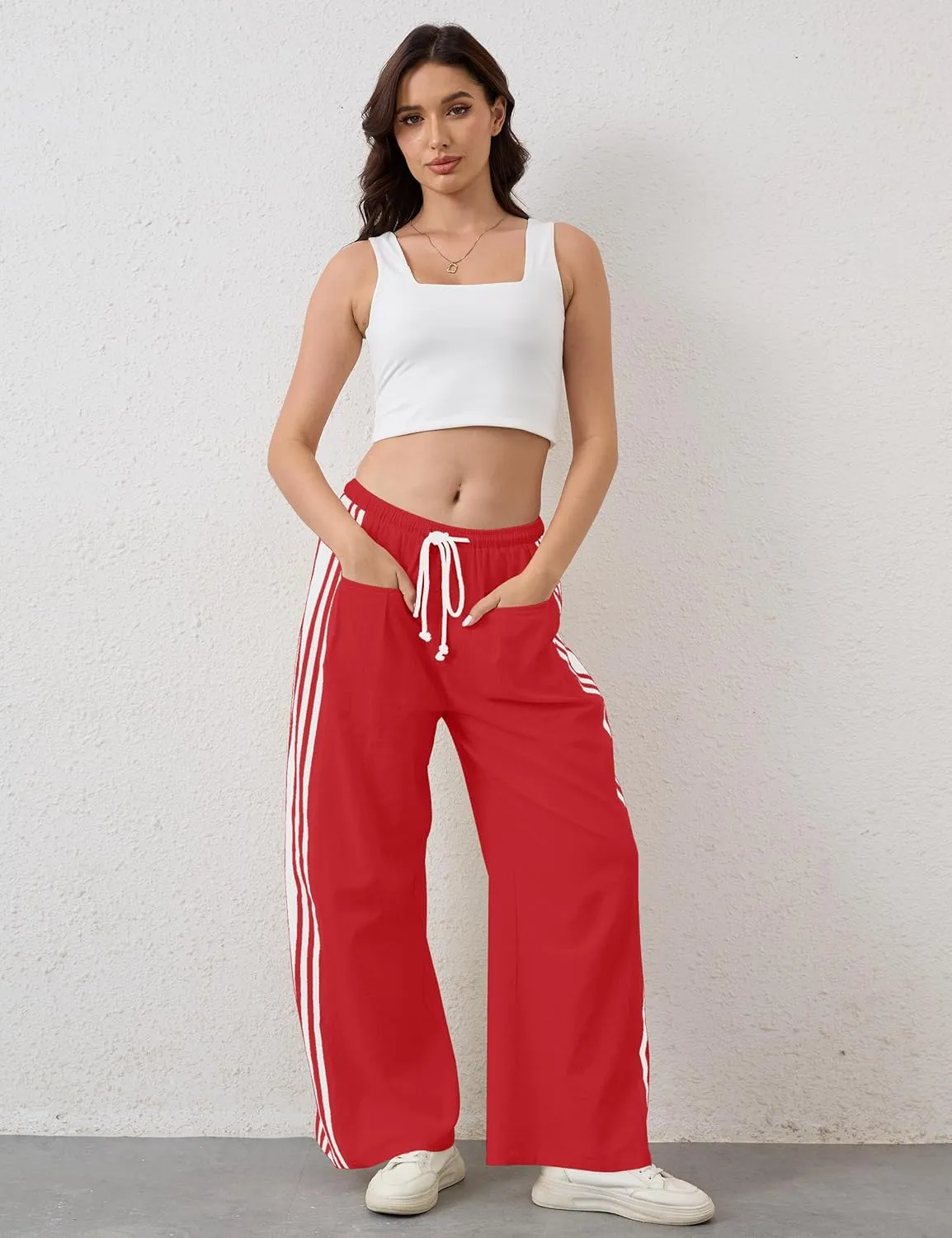 Hudson Canyon Striped Pants for Women Wide Leg Drawstring Waist High Rise Pant Baggy Casual Trousers with Pockets