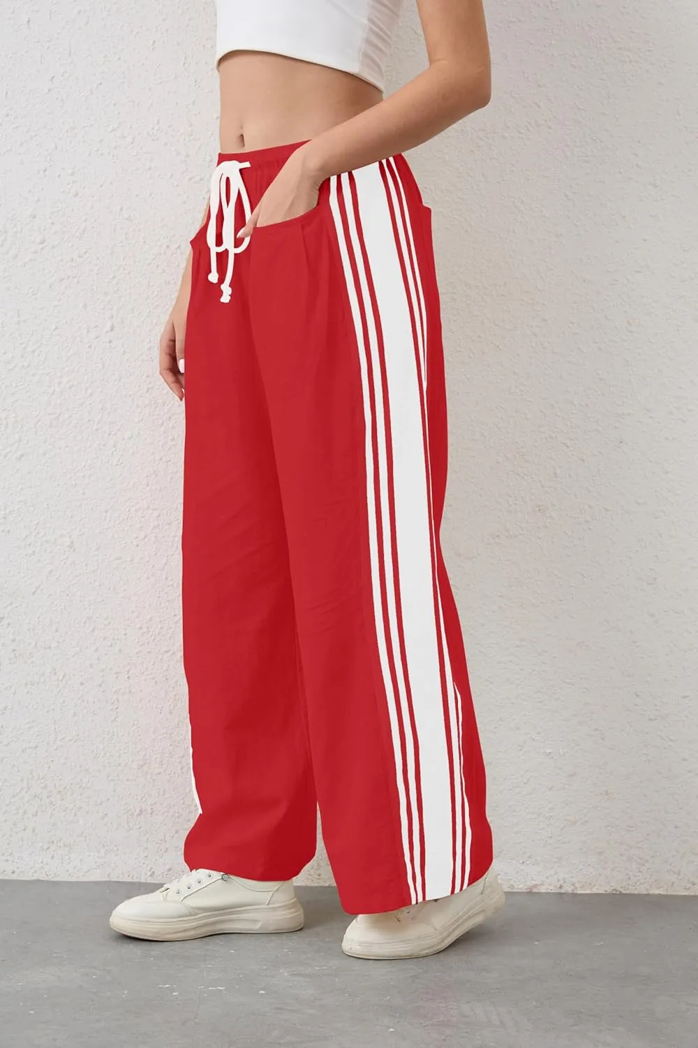 Hudson Canyon Striped Pants for Women Wide Leg Drawstring Waist High Rise Pant Baggy Casual Trousers with Pockets