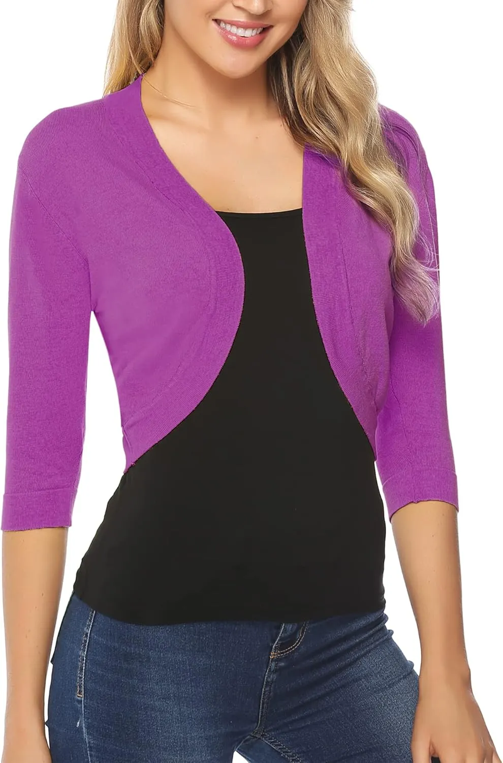 iClosam Womens 3/4 Sleeve Open Front Bolero Shrug Cropped Cardigans Knit Sweater Jacket