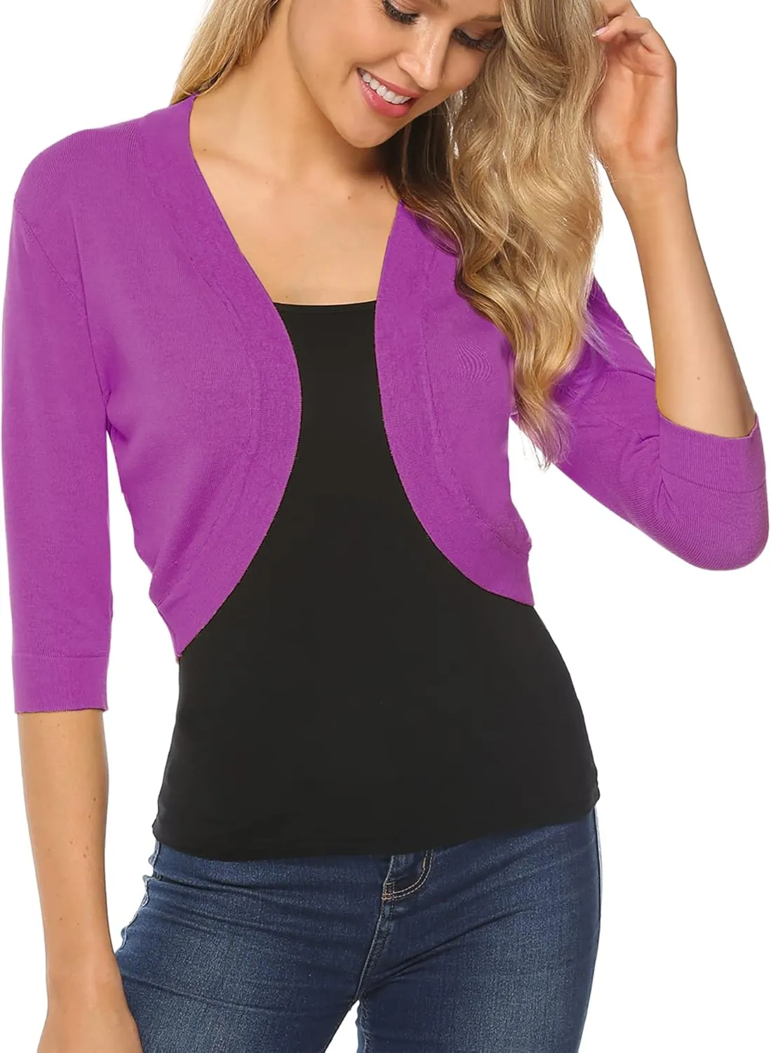 iClosam Womens 3/4 Sleeve Open Front Bolero Shrug Cropped Cardigans Knit Sweater Jacket