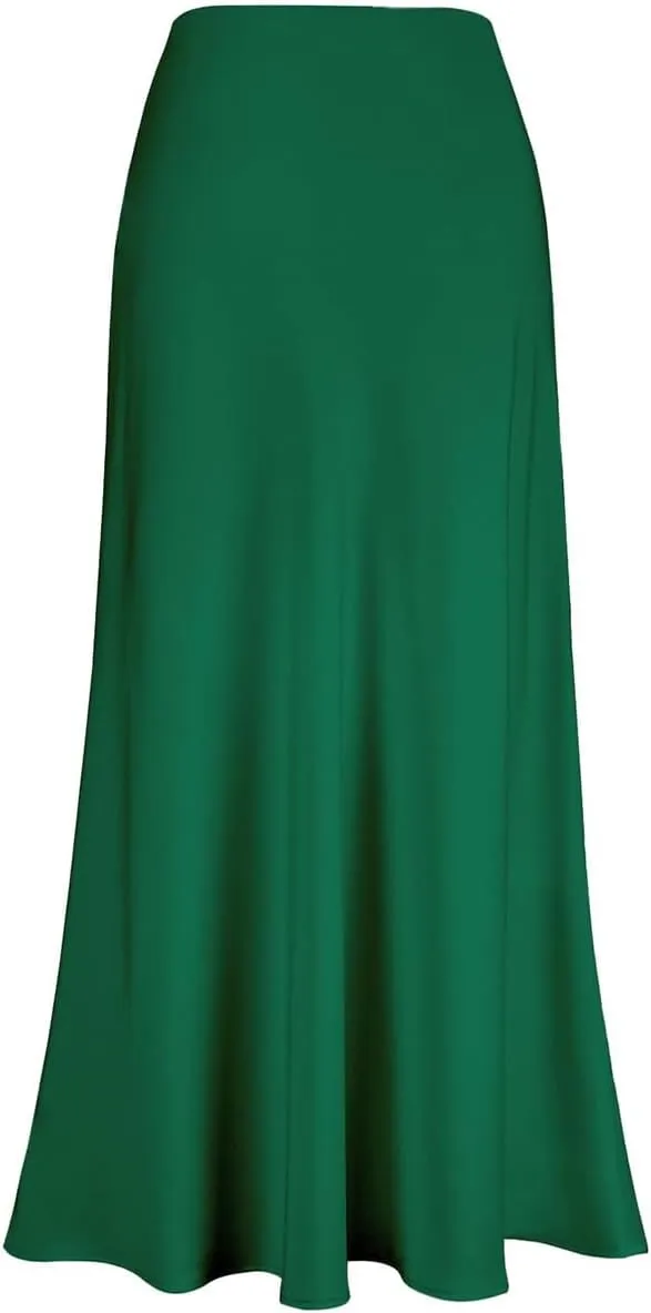 IDOPIP Women High Waist Satin Skirt Elegant Summer Long Maxi Skirt Formal Trendy Ruffle Work Skirts Elastic Casual Midi Skirt