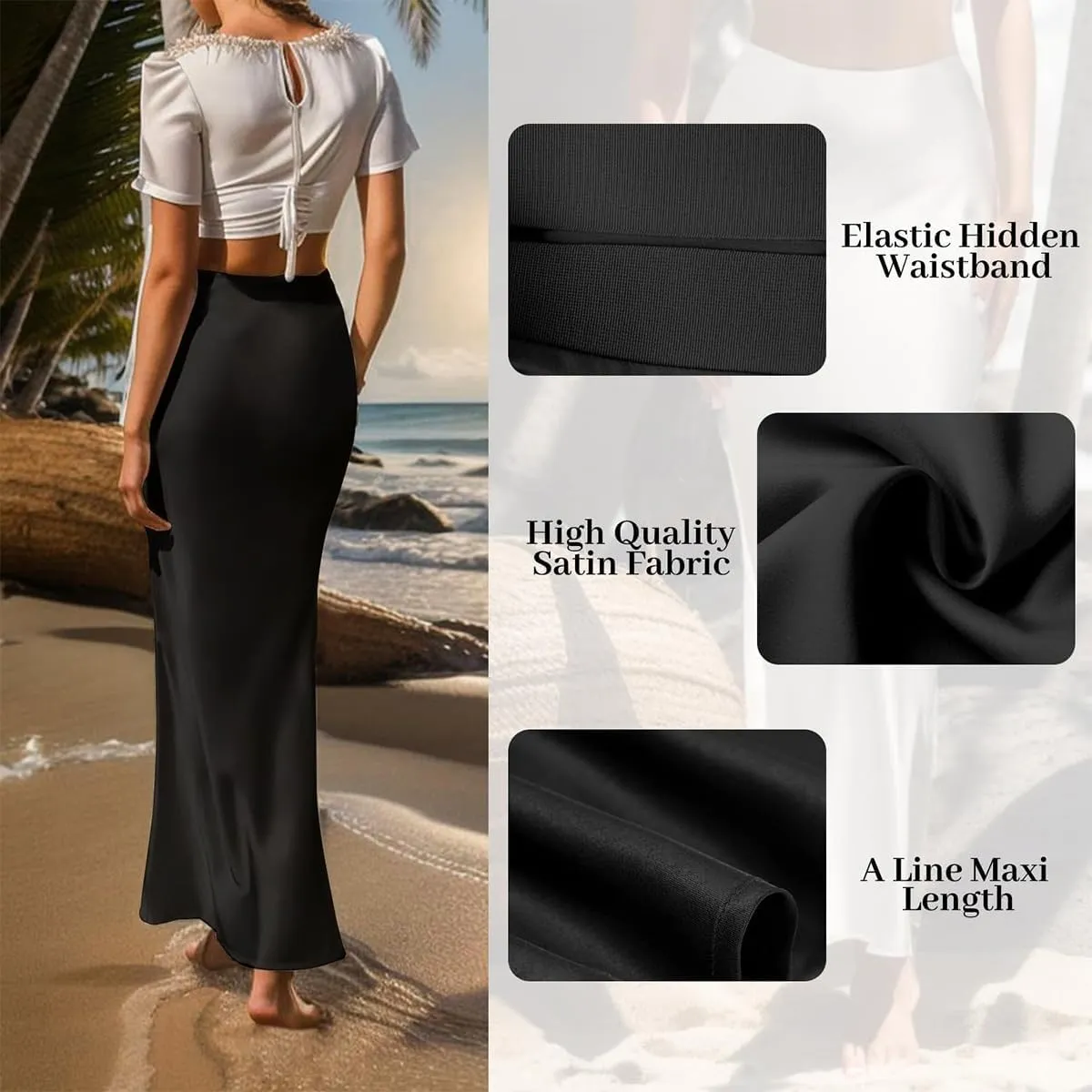 IDOPIP Women High Waist Satin Skirt Elegant Summer Long Maxi Skirt Formal Trendy Ruffle Work Skirts Elastic Casual Midi Skirt