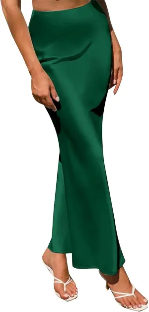 IDOPIP Women High Waist Satin Skirt Elegant Summer Long Maxi Skirt Formal Trendy Ruffle Work Skirts Elastic Casual Midi Skirt
