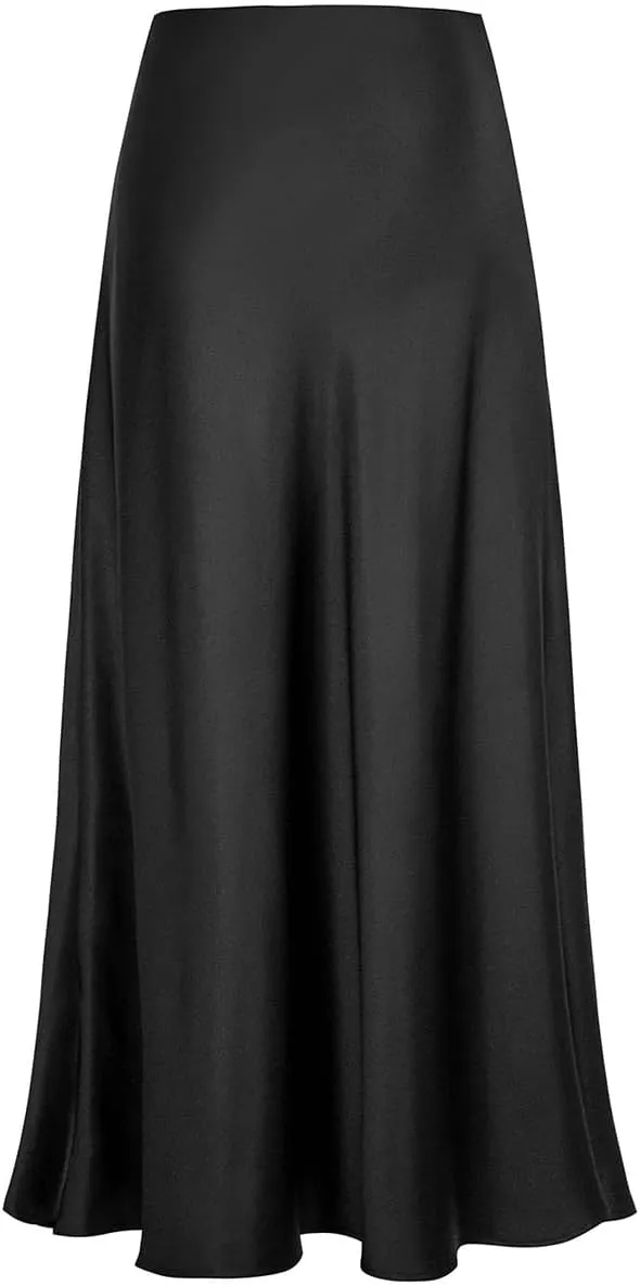 IDOPIP Women High Waist Satin Skirt Elegant Summer Long Maxi Skirt Formal Trendy Ruffle Work Skirts Elastic Casual Midi Skirt