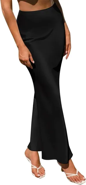 IDOPIP Women High Waist Satin Skirt Elegant Summer Long Maxi Skirt Formal Trendy Ruffle Work Skirts Elastic Casual Midi Skirt