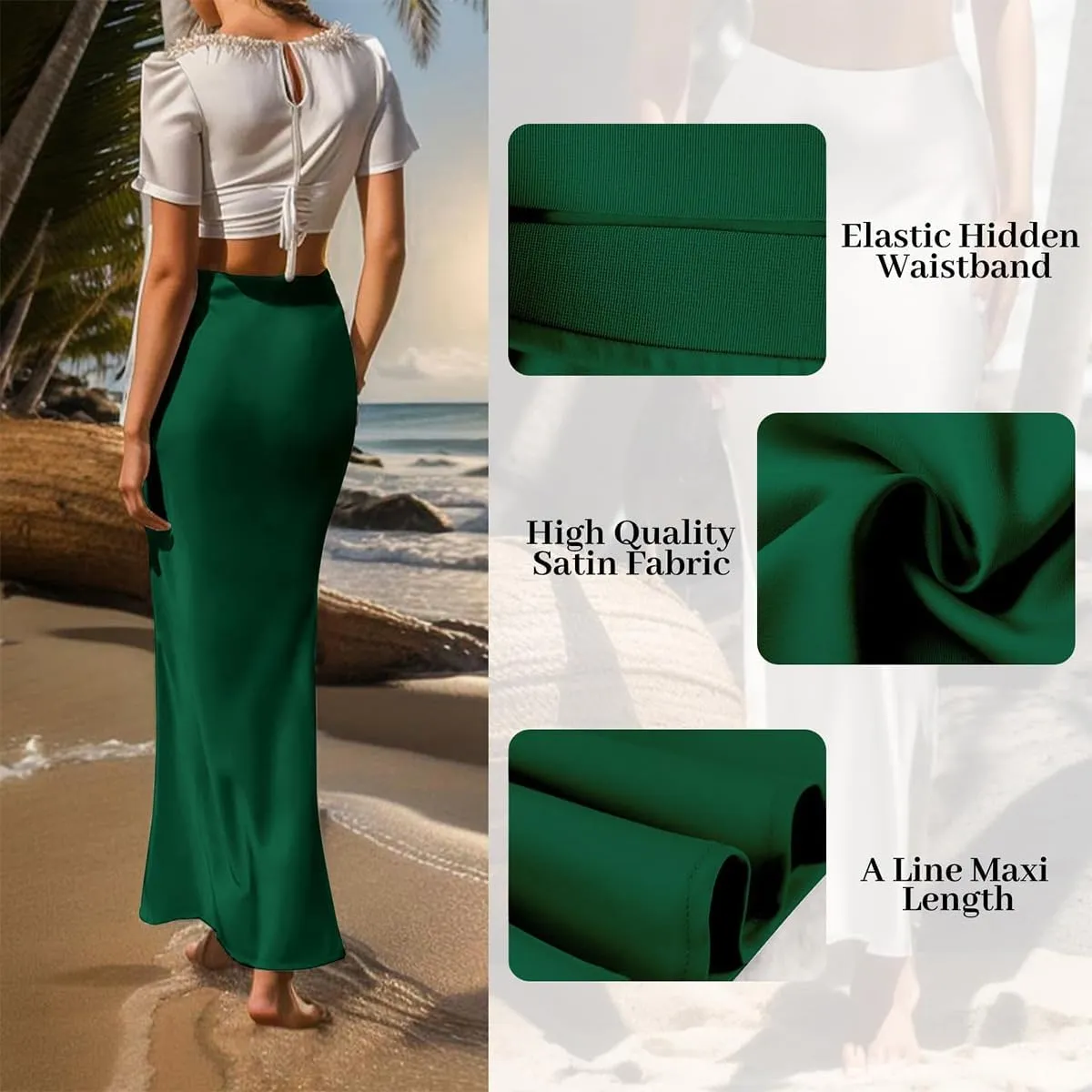 IDOPIP Women High Waist Satin Skirt Elegant Summer Long Maxi Skirt Formal Trendy Ruffle Work Skirts Elastic Casual Midi Skirt