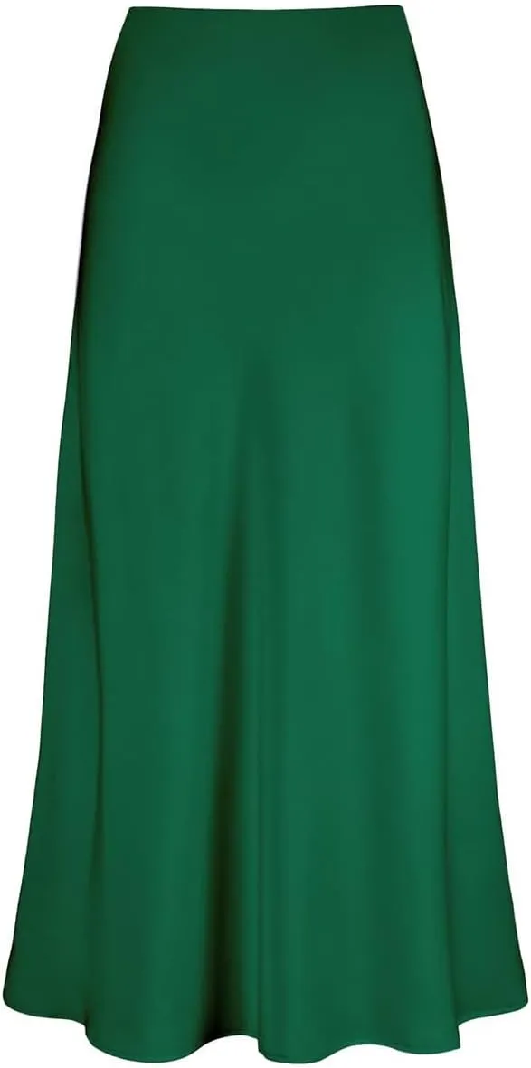 IDOPIP Women High Waist Satin Skirt Elegant Summer Long Maxi Skirt Formal Trendy Ruffle Work Skirts Elastic Casual Midi Skirt