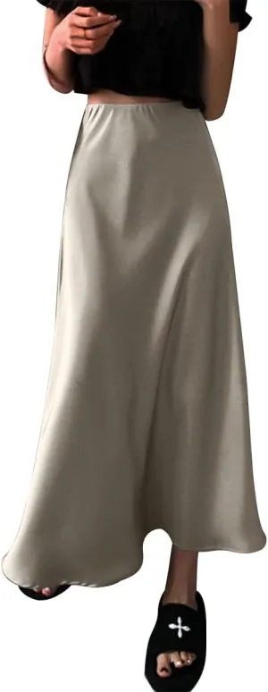 IDOPIP Women High Waist Satin Skirt Elegant Summer Long Maxi Skirt Formal Trendy Ruffle Work Skirts Elastic Casual Midi Skirt