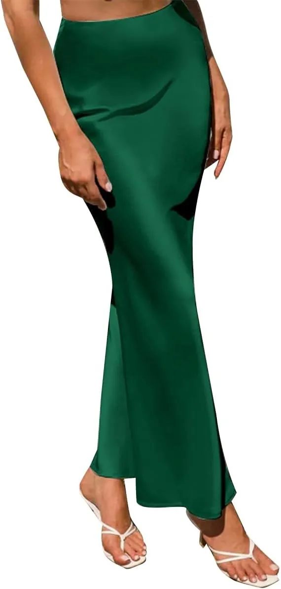 IDOPIP Women High Waist Satin Skirt Elegant Summer Long Maxi Skirt Formal Trendy Ruffle Work Skirts Elastic Casual Midi Skirt