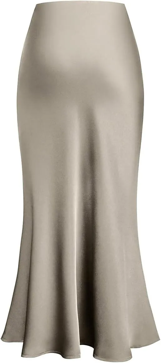 IDOPIP Women High Waist Satin Skirt Elegant Summer Long Maxi Skirt Formal Trendy Ruffle Work Skirts Elastic Casual Midi Skirt