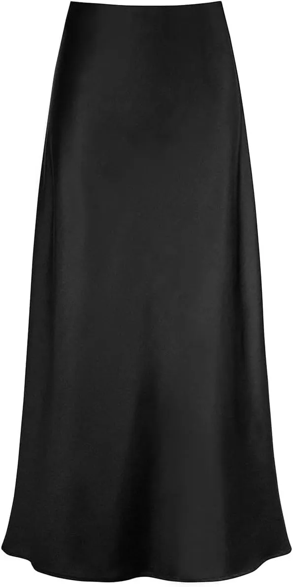 IDOPIP Women High Waist Satin Skirt Elegant Summer Long Maxi Skirt Formal Trendy Ruffle Work Skirts Elastic Casual Midi Skirt