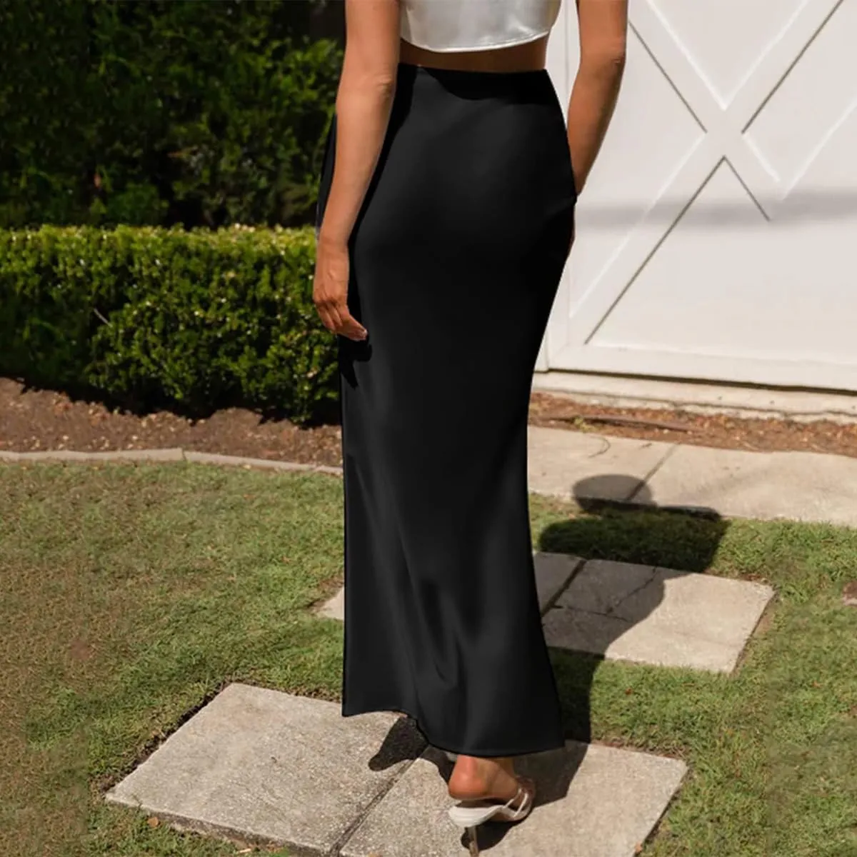 IDOPIP Women High Waist Satin Skirt Elegant Summer Long Maxi Skirt Formal Trendy Ruffle Work Skirts Elastic Casual Midi Skirt