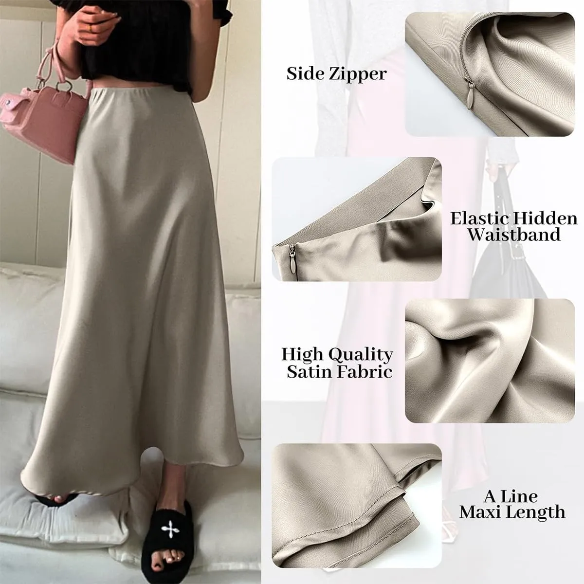 IDOPIP Women High Waist Satin Skirt Elegant Summer Long Maxi Skirt Formal Trendy Ruffle Work Skirts Elastic Casual Midi Skirt
