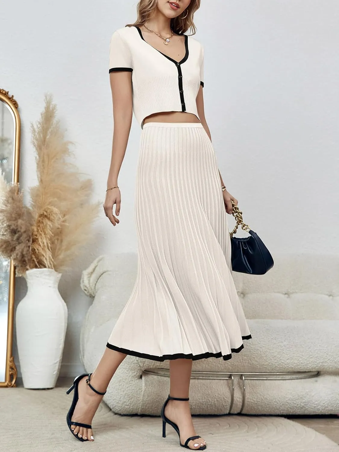 Imily Bela Womens 2 Piece Sweater Outfits Sets Short Sleeve V Neck Crop Top Knit Midi Long Pleated Skirt Dresses