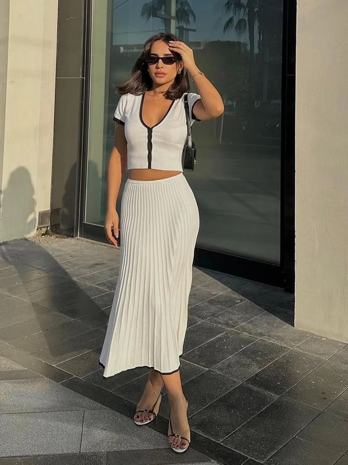Imily Bela Womens 2 Piece Sweater Outfits Sets Short Sleeve V Neck Crop Top Knit Midi Long Pleated Skirt Dresses