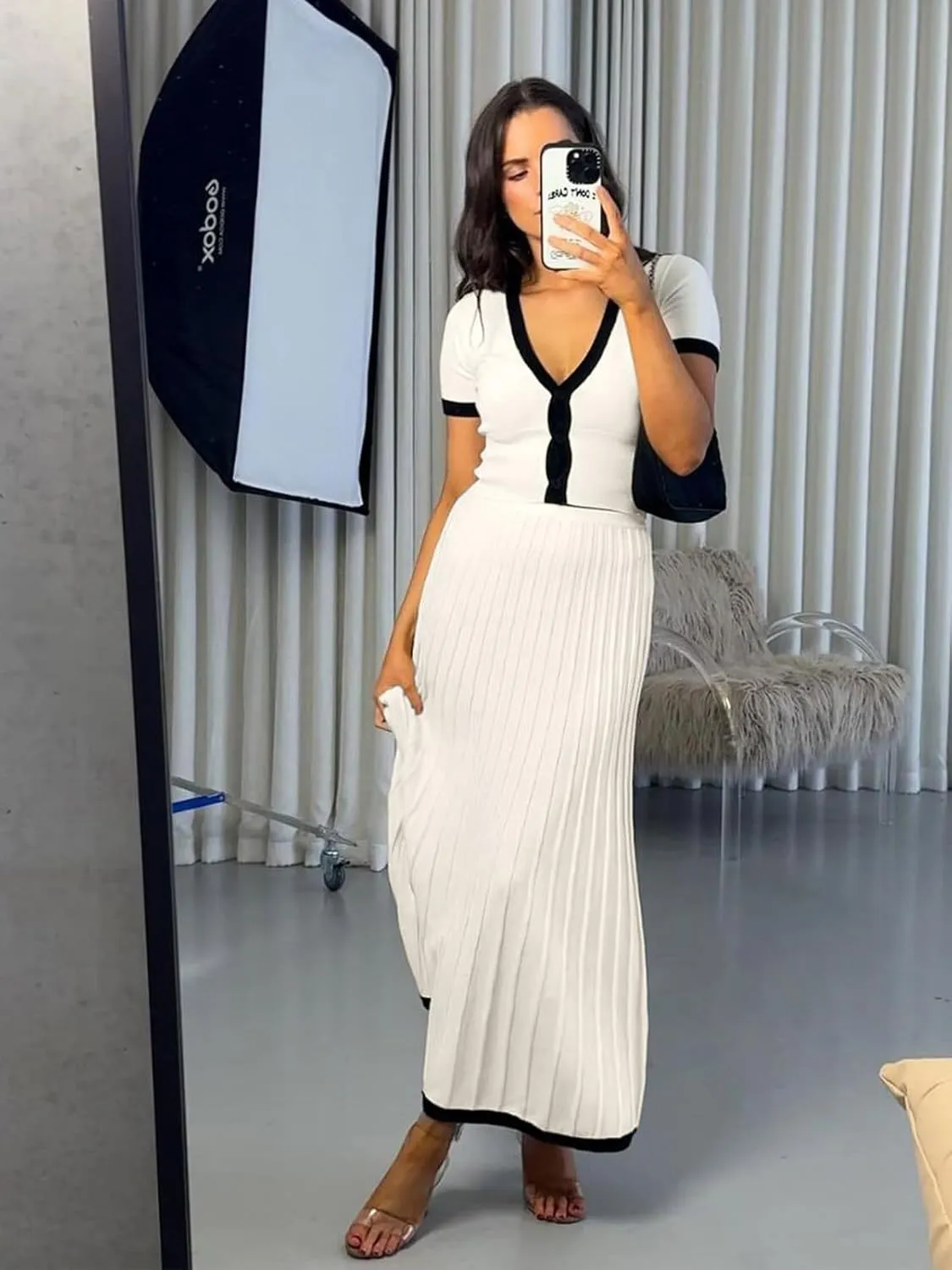 Imily Bela Womens 2 Piece Sweater Outfits Sets Short Sleeve V Neck Crop Top Knit Midi Long Pleated Skirt Dresses