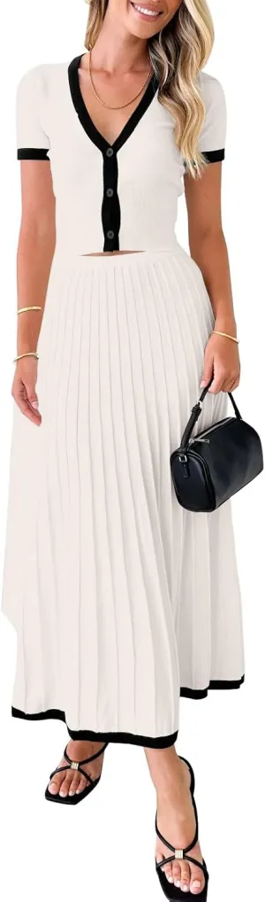 Imily Bela Womens 2 Piece Sweater Outfits Sets Short Sleeve V Neck Crop Top Knit Midi Long Pleated Skirt Dresses