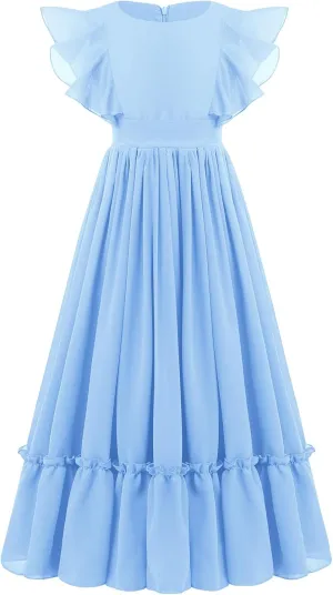 IWEMEK Chiffon Flower Girl Dresses Flutter Sleeves Long Dress Wedding Pageant Bridesmaid Ball Gown A Line Floor Length Dress