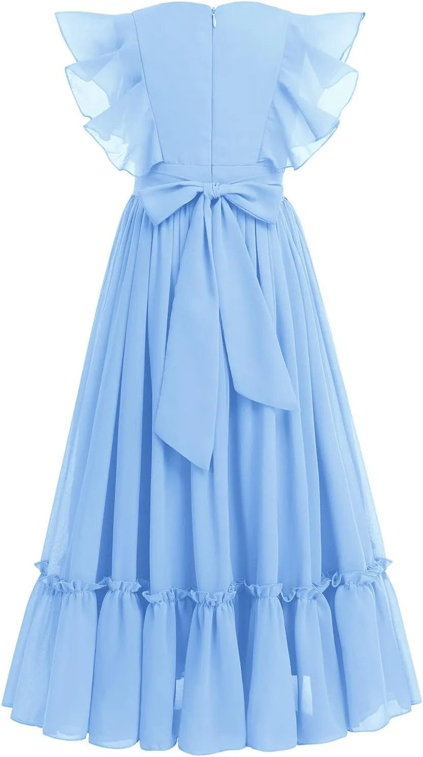 IWEMEK Chiffon Flower Girl Dresses Flutter Sleeves Long Dress Wedding Pageant Bridesmaid Ball Gown A Line Floor Length Dress