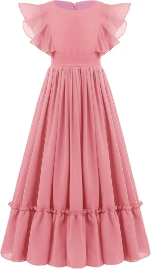 IWEMEK Chiffon Flower Girl Dresses Flutter Sleeves Long Dress Wedding Pageant Bridesmaid Ball Gown A Line Floor Length Dress