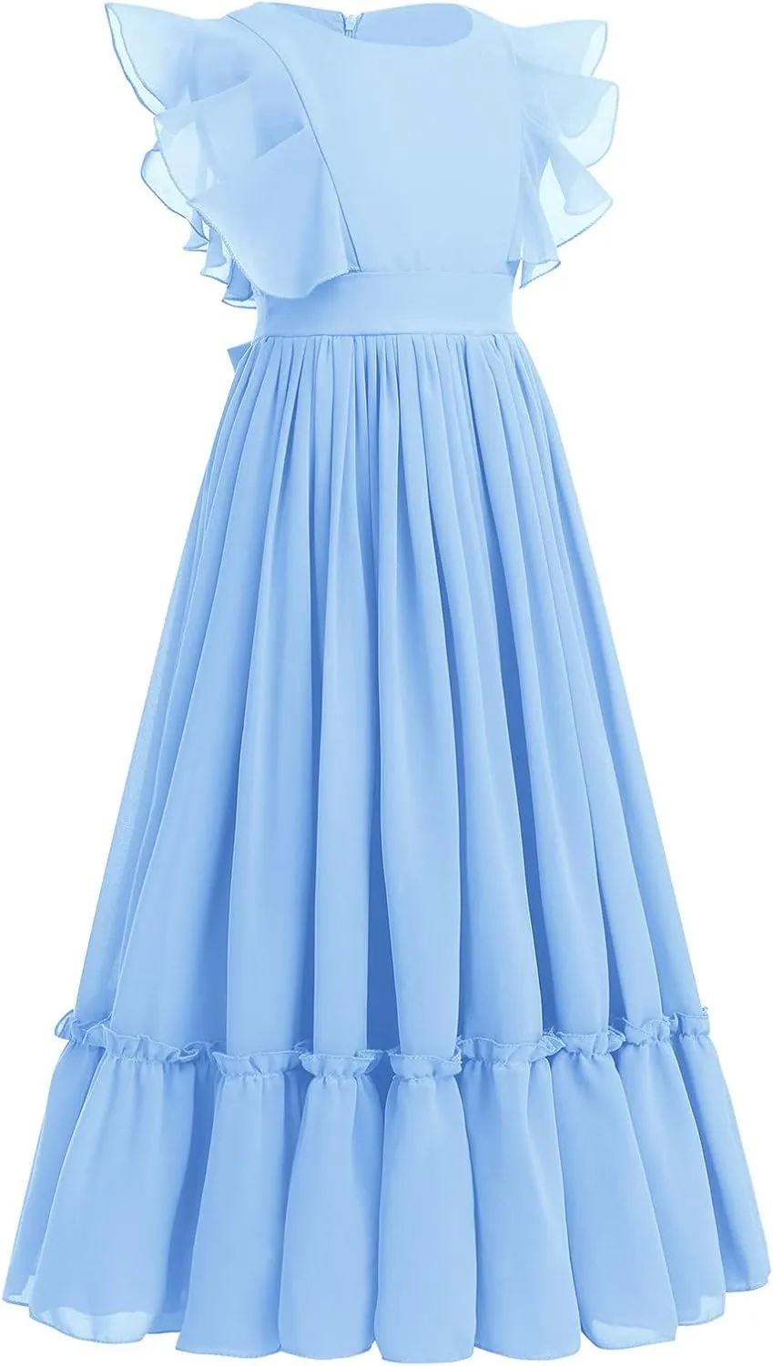 IWEMEK Chiffon Flower Girl Dresses Flutter Sleeves Long Dress Wedding Pageant Bridesmaid Ball Gown A Line Floor Length Dress