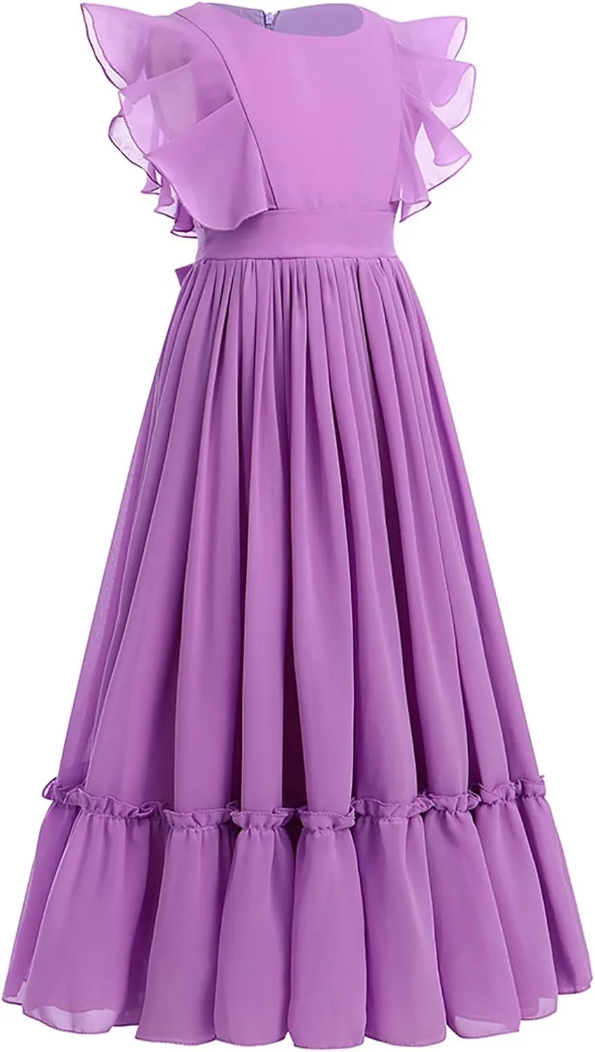 IWEMEK Chiffon Flower Girl Dresses Flutter Sleeves Long Dress Wedding Pageant Bridesmaid Ball Gown A Line Floor Length Dress