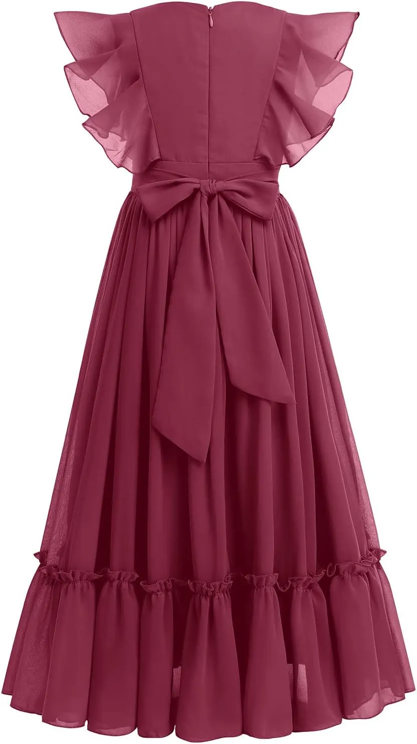 IWEMEK Chiffon Flower Girl Dresses Flutter Sleeves Long Dress Wedding Pageant Bridesmaid Ball Gown A Line Floor Length Dress