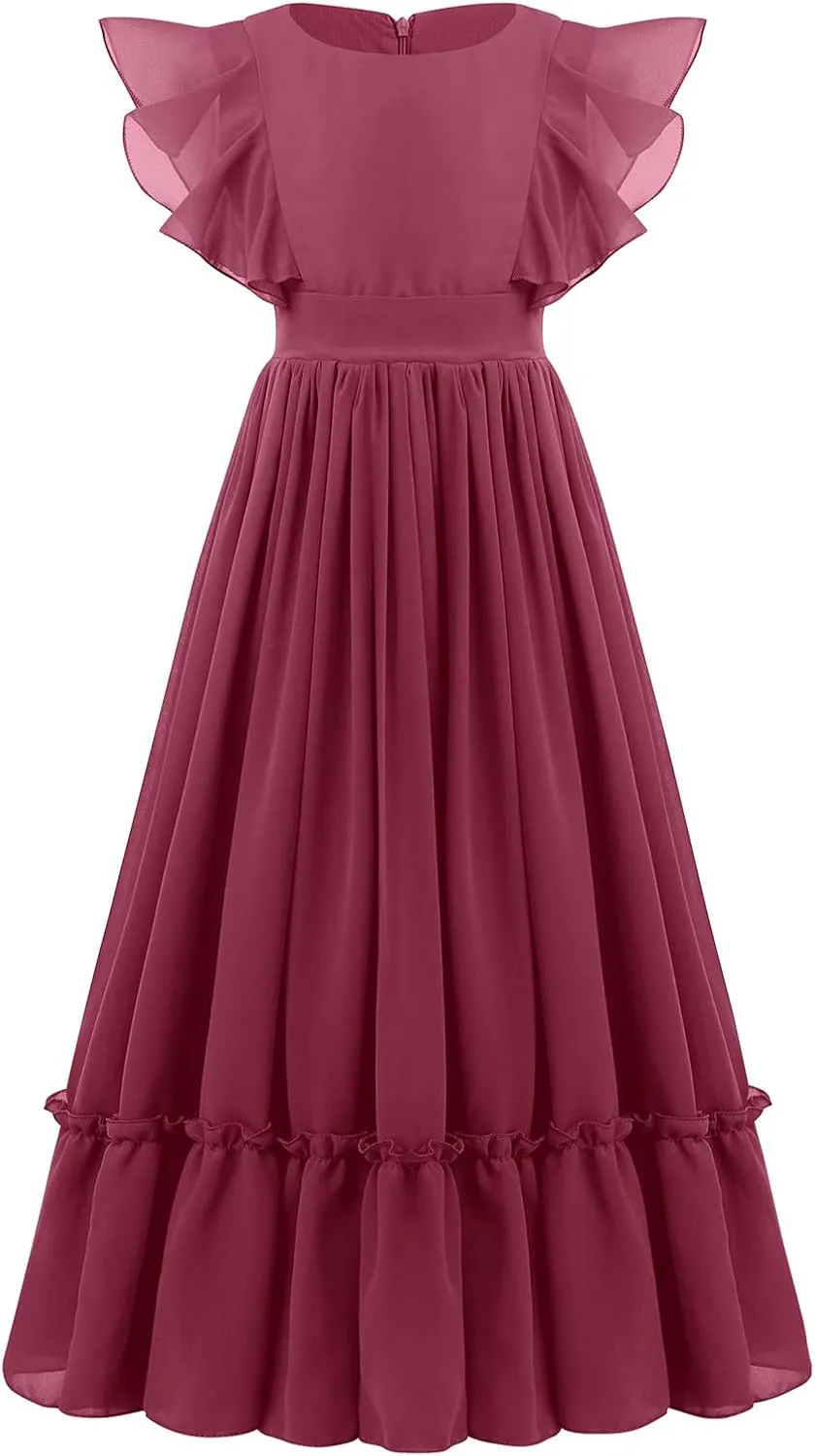 IWEMEK Chiffon Flower Girl Dresses Flutter Sleeves Long Dress Wedding Pageant Bridesmaid Ball Gown A Line Floor Length Dress