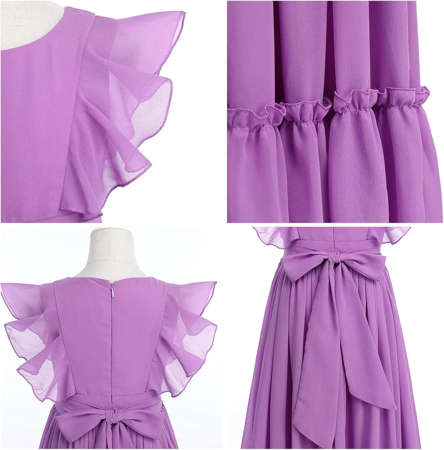 IWEMEK Chiffon Flower Girl Dresses Flutter Sleeves Long Dress Wedding Pageant Bridesmaid Ball Gown A Line Floor Length Dress