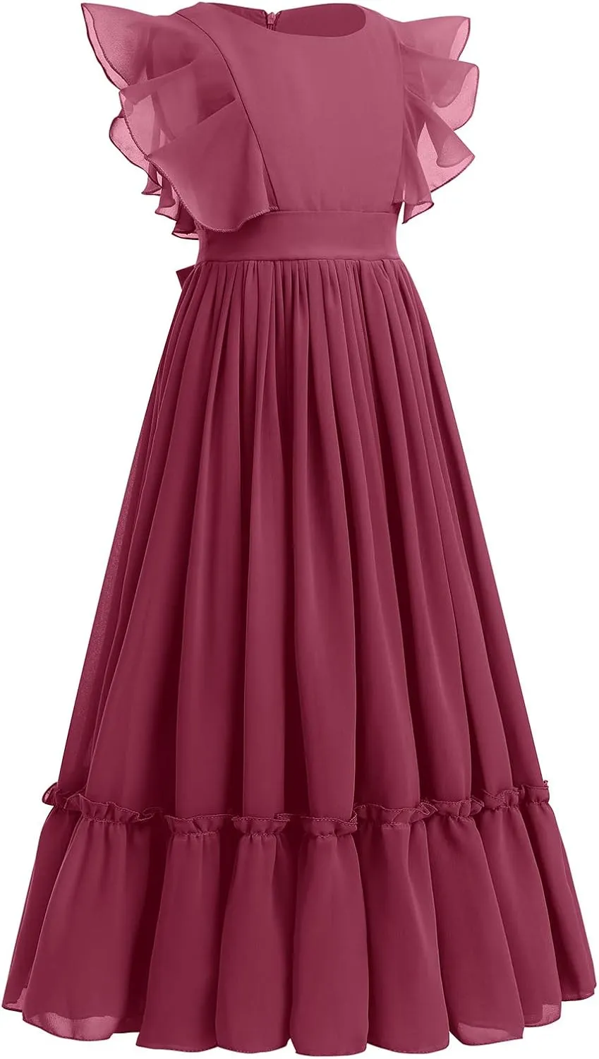 IWEMEK Chiffon Flower Girl Dresses Flutter Sleeves Long Dress Wedding Pageant Bridesmaid Ball Gown A Line Floor Length Dress