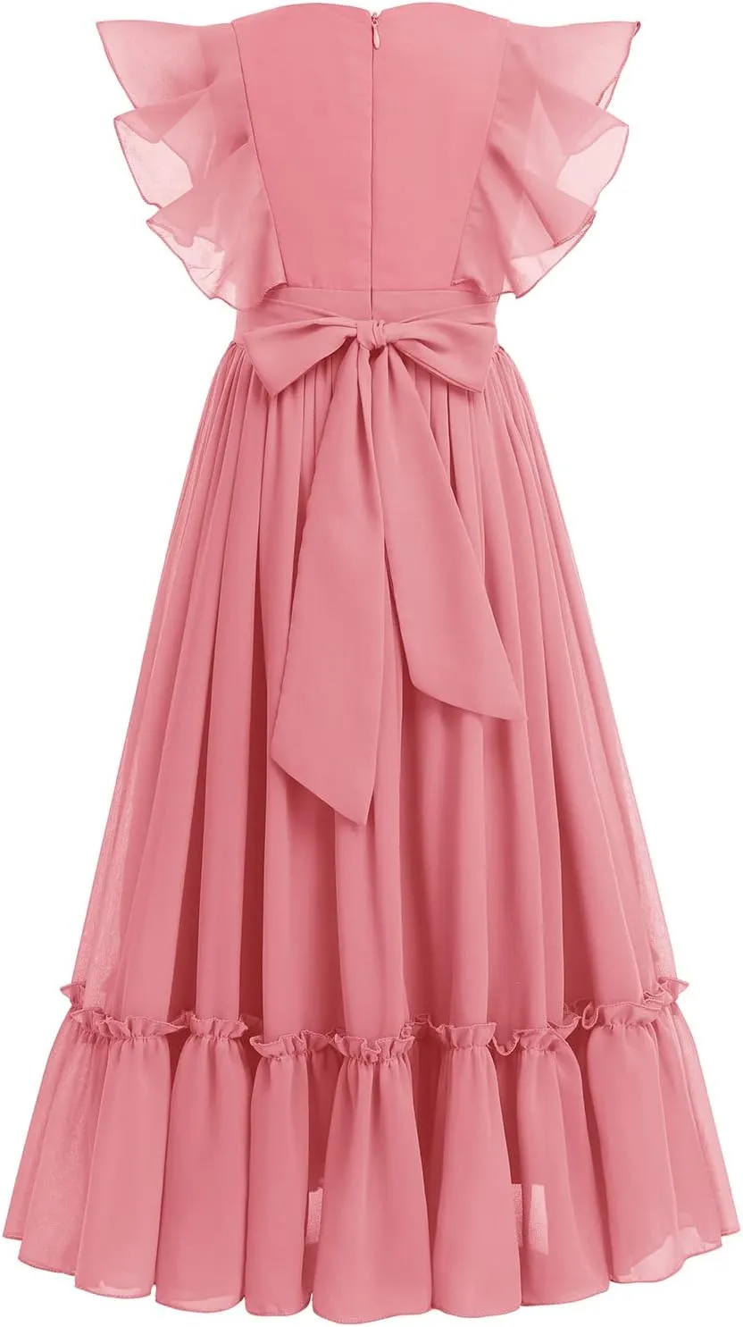 IWEMEK Chiffon Flower Girl Dresses Flutter Sleeves Long Dress Wedding Pageant Bridesmaid Ball Gown A Line Floor Length Dress