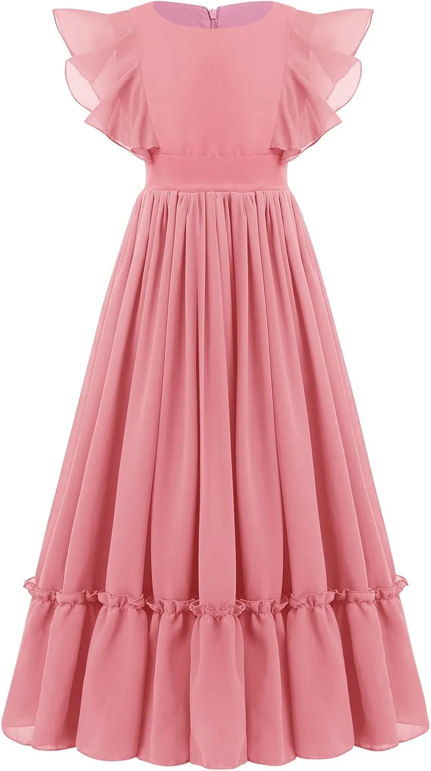 IWEMEK Chiffon Flower Girl Dresses Flutter Sleeves Long Dress Wedding Pageant Bridesmaid Ball Gown A Line Floor Length Dress