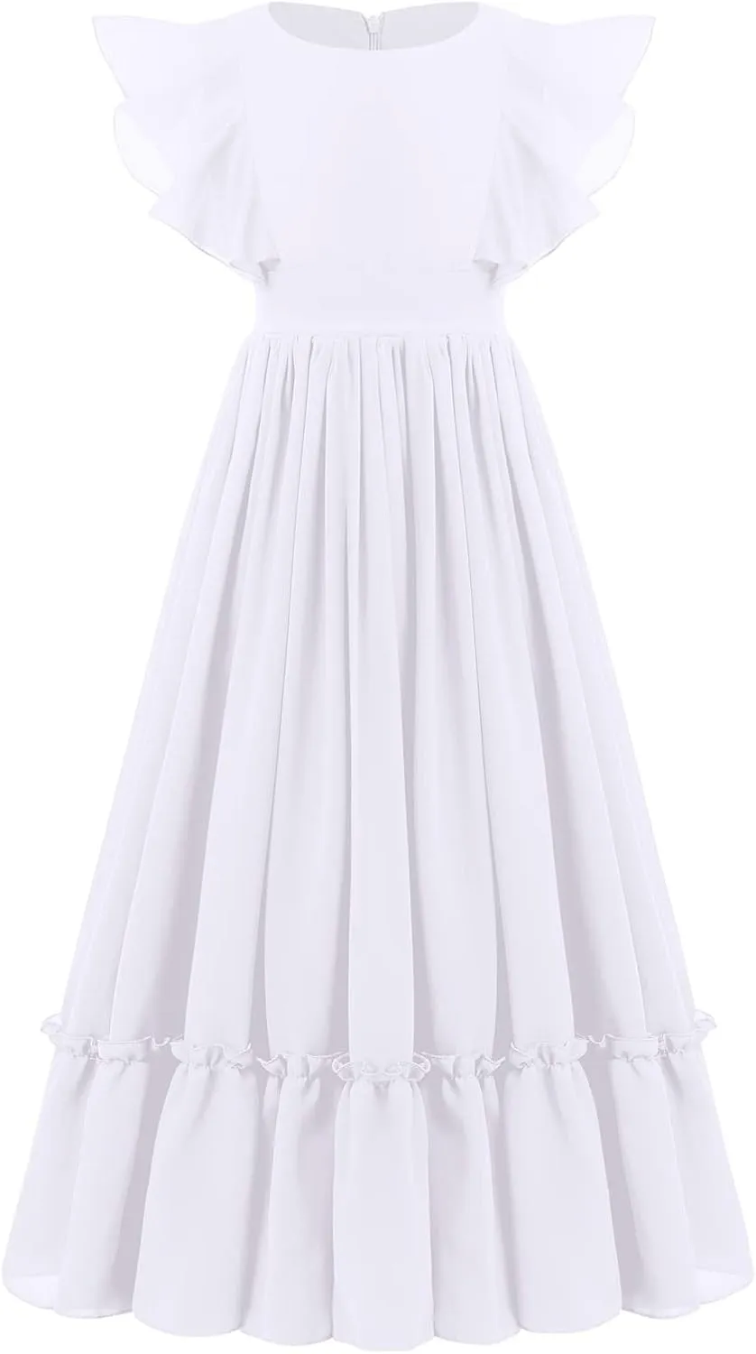 IWEMEK Chiffon Flower Girl Dresses Flutter Sleeves Long Dress Wedding Pageant Bridesmaid Ball Gown A Line Floor Length Dress
