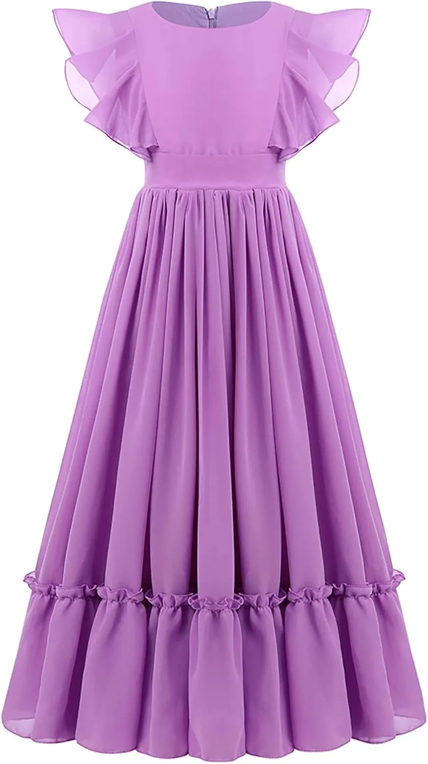 IWEMEK Chiffon Flower Girl Dresses Flutter Sleeves Long Dress Wedding Pageant Bridesmaid Ball Gown A Line Floor Length Dress