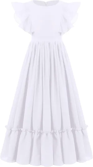 IWEMEK Chiffon Flower Girl Dresses Flutter Sleeves Long Dress Wedding Pageant Bridesmaid Ball Gown A Line Floor Length Dress