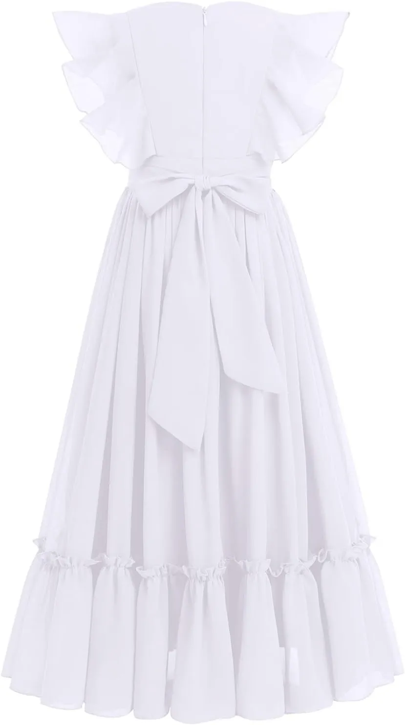 IWEMEK Chiffon Flower Girl Dresses Flutter Sleeves Long Dress Wedding Pageant Bridesmaid Ball Gown A Line Floor Length Dress