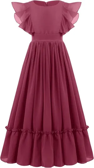 IWEMEK Chiffon Flower Girl Dresses Flutter Sleeves Long Dress Wedding Pageant Bridesmaid Ball Gown A Line Floor Length Dress