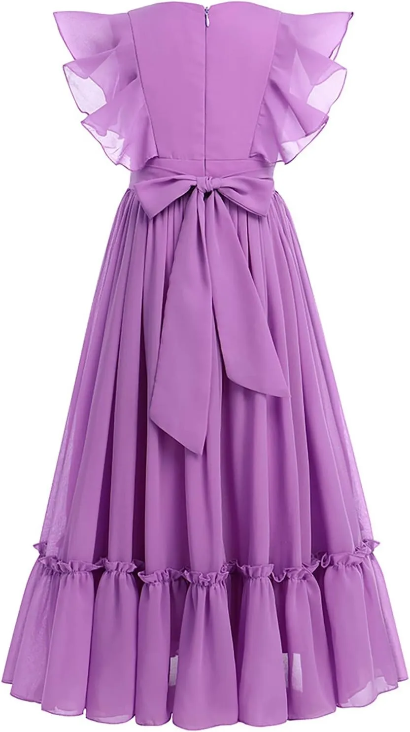 IWEMEK Chiffon Flower Girl Dresses Flutter Sleeves Long Dress Wedding Pageant Bridesmaid Ball Gown A Line Floor Length Dress