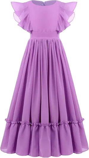 IWEMEK Chiffon Flower Girl Dresses Flutter Sleeves Long Dress Wedding Pageant Bridesmaid Ball Gown A Line Floor Length Dress