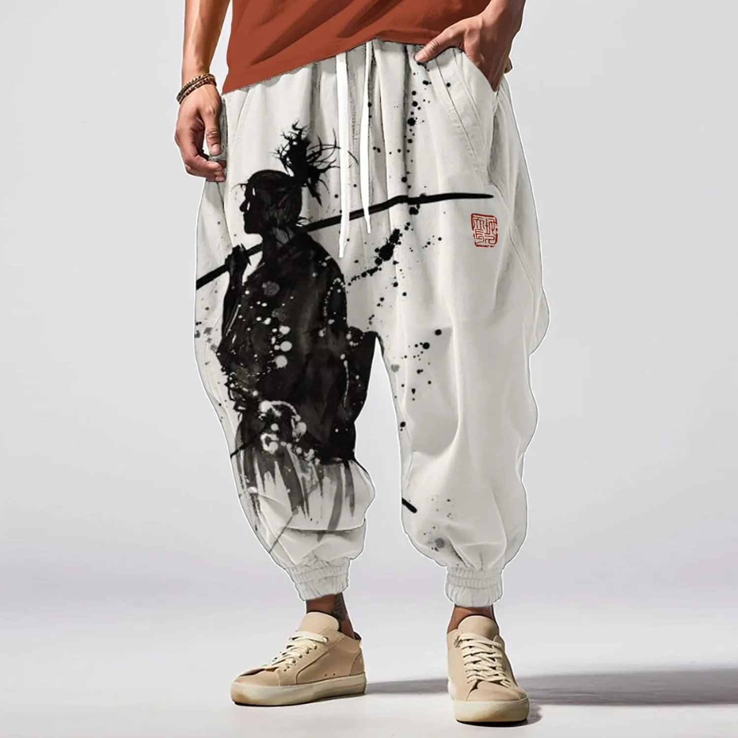 Japanese Drop Crotch Trousers Casual Drawstring Men Elastic Waist with Pockets Waist Men's Mens Hip Hop Harem Pants