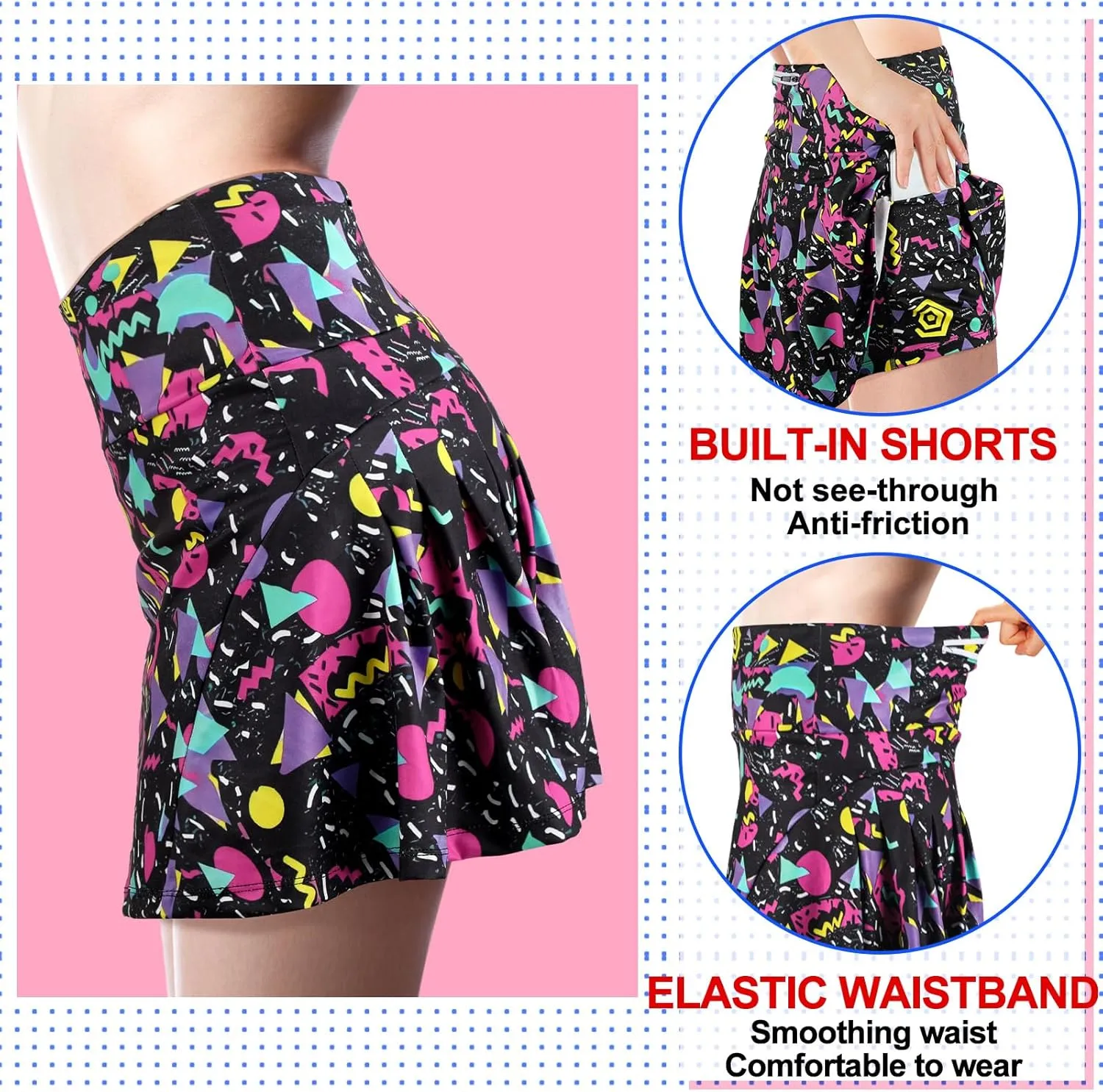 JenPen Retro 80s 90s Skirt for Women Tennis Skirt Golf High Waisted Athletic with Pockets for Retro Halloween Party