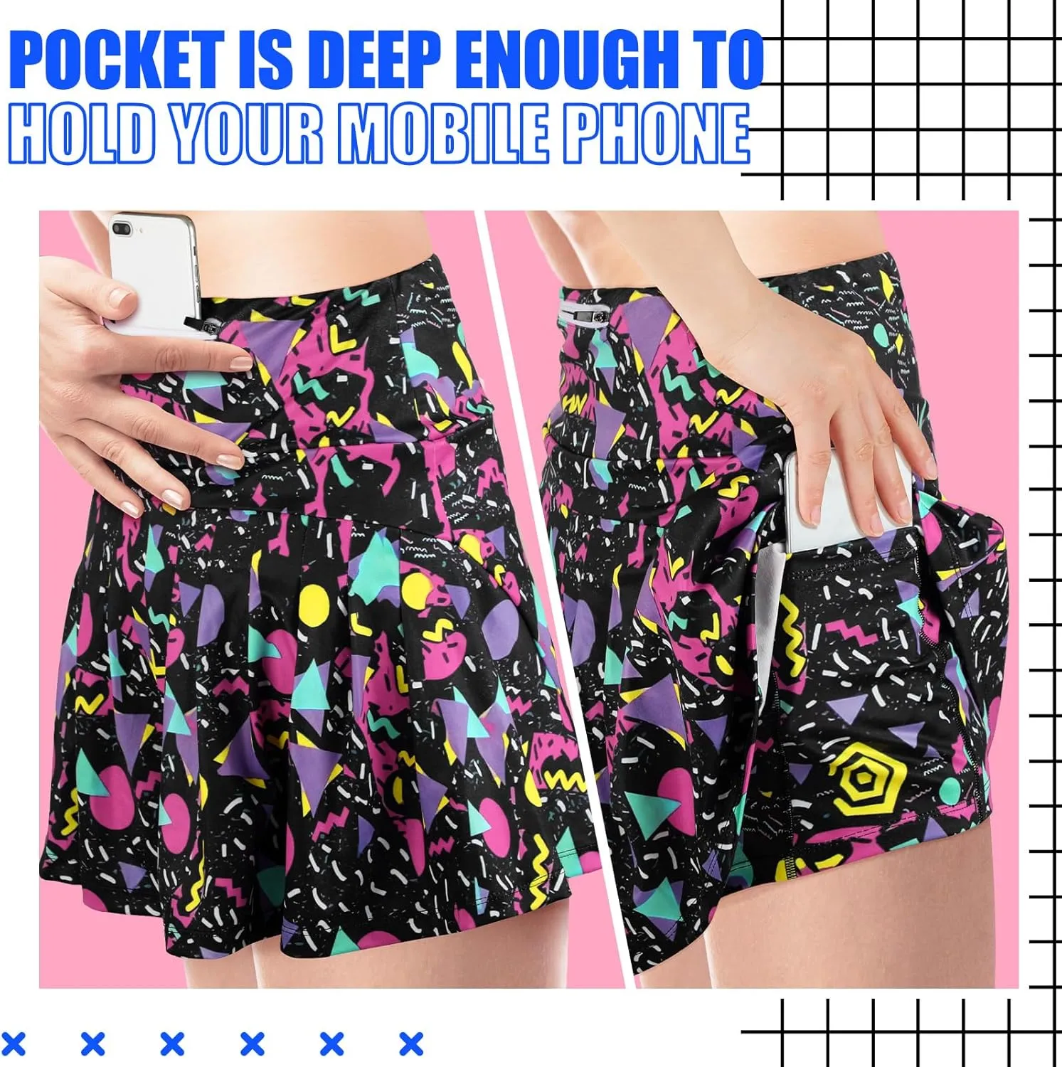 JenPen Retro 80s 90s Skirt for Women Tennis Skirt Golf High Waisted Athletic with Pockets for Retro Halloween Party