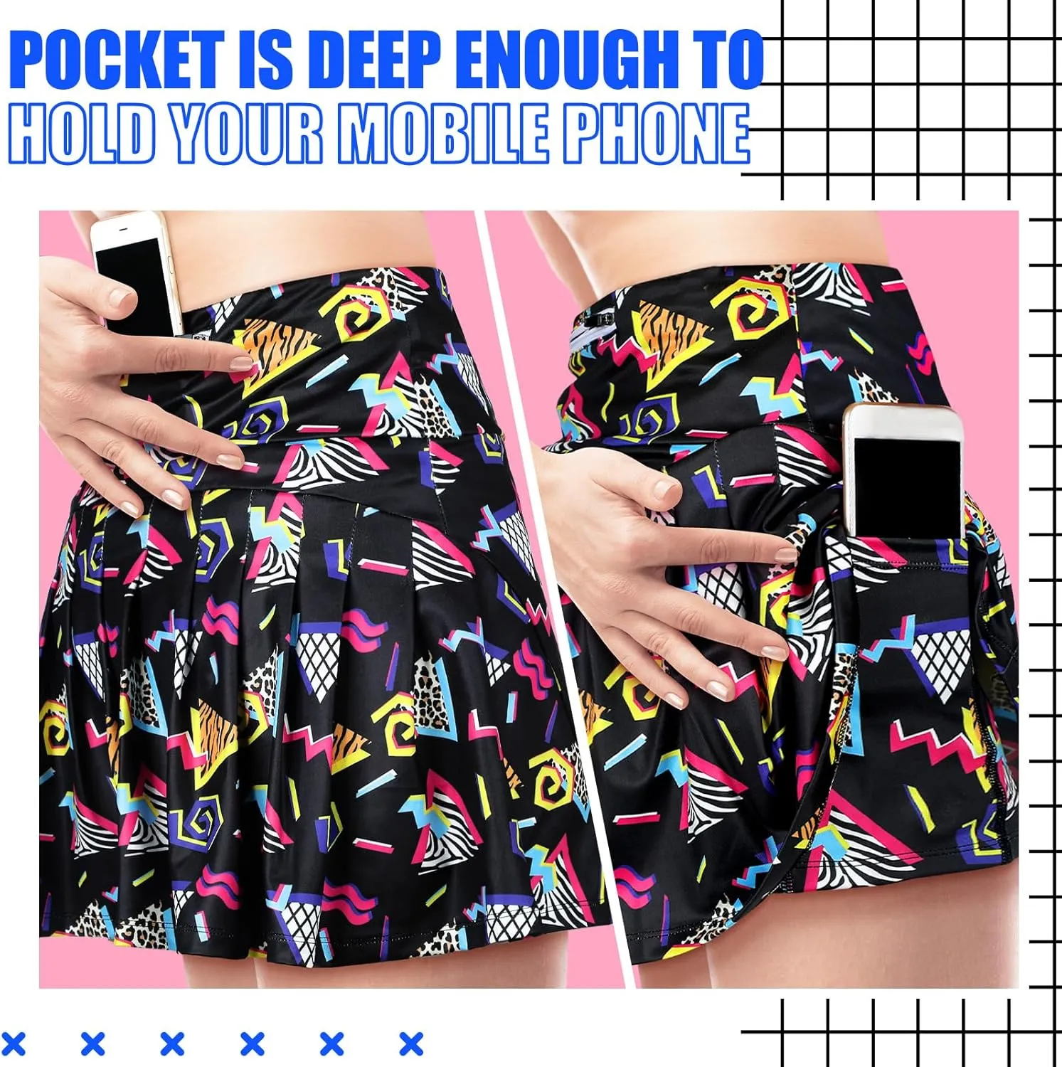 JenPen Retro 80s 90s Skirt for Women Tennis Skirt Golf High Waisted Athletic with Pockets for Retro Halloween Party