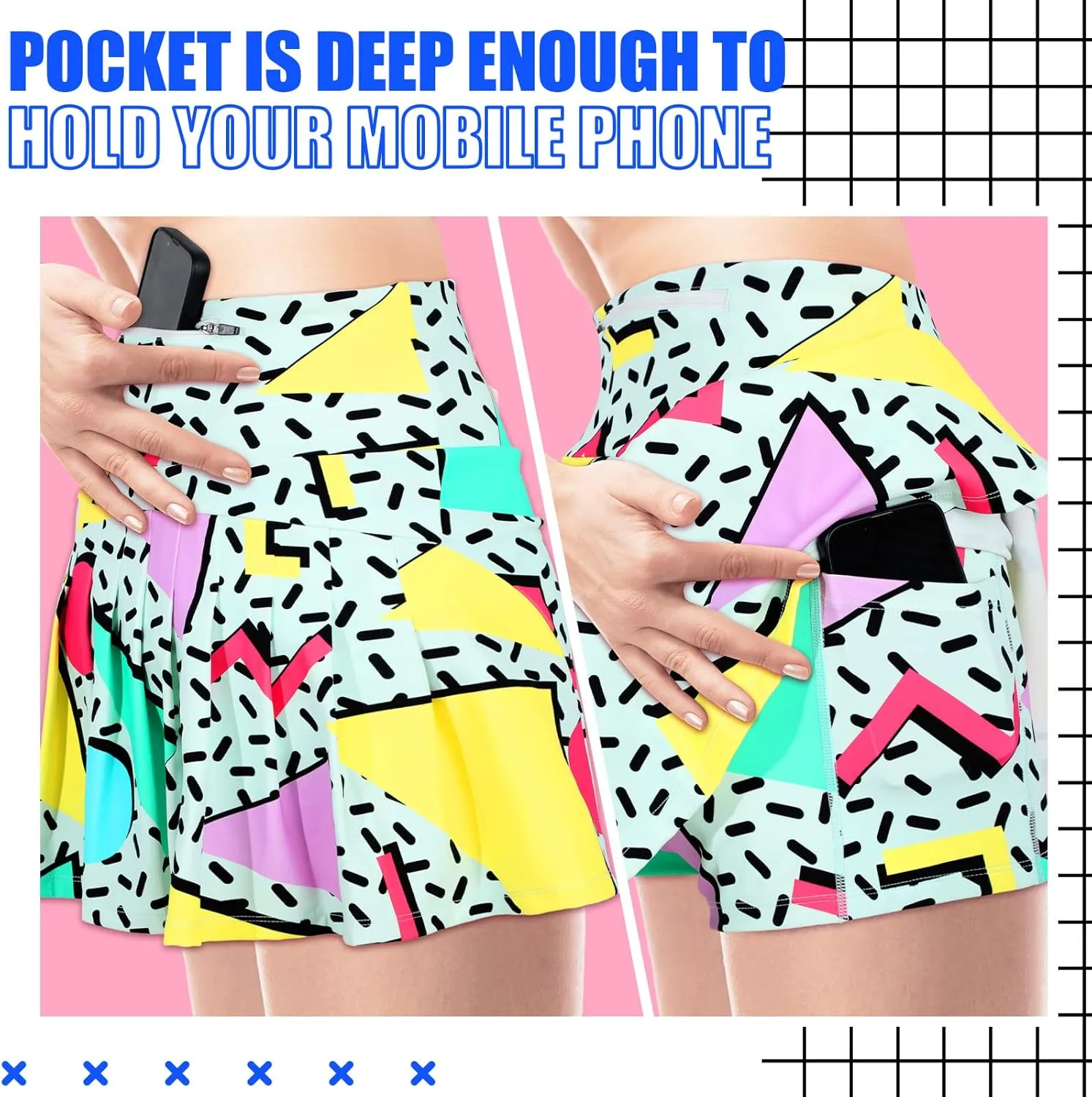 JenPen Retro 80s 90s Skirt for Women Tennis Skirt Golf High Waisted Athletic with Pockets for Retro Halloween Party