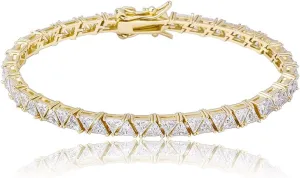 JINAO 4MM Double Triangular Cut Link Tennis Chain Bracelet 18K Real Gold Plated Iced Out Cubic Zirconia Triangle Cut Tennis Bracelet for Men Women
