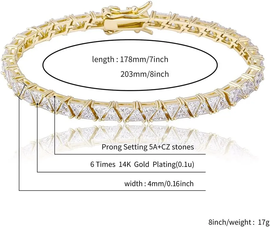 JINAO 4MM Double Triangular Cut Link Tennis Chain Bracelet 18K Real Gold Plated Iced Out Cubic Zirconia Triangle Cut Tennis Bracelet for Men Women
