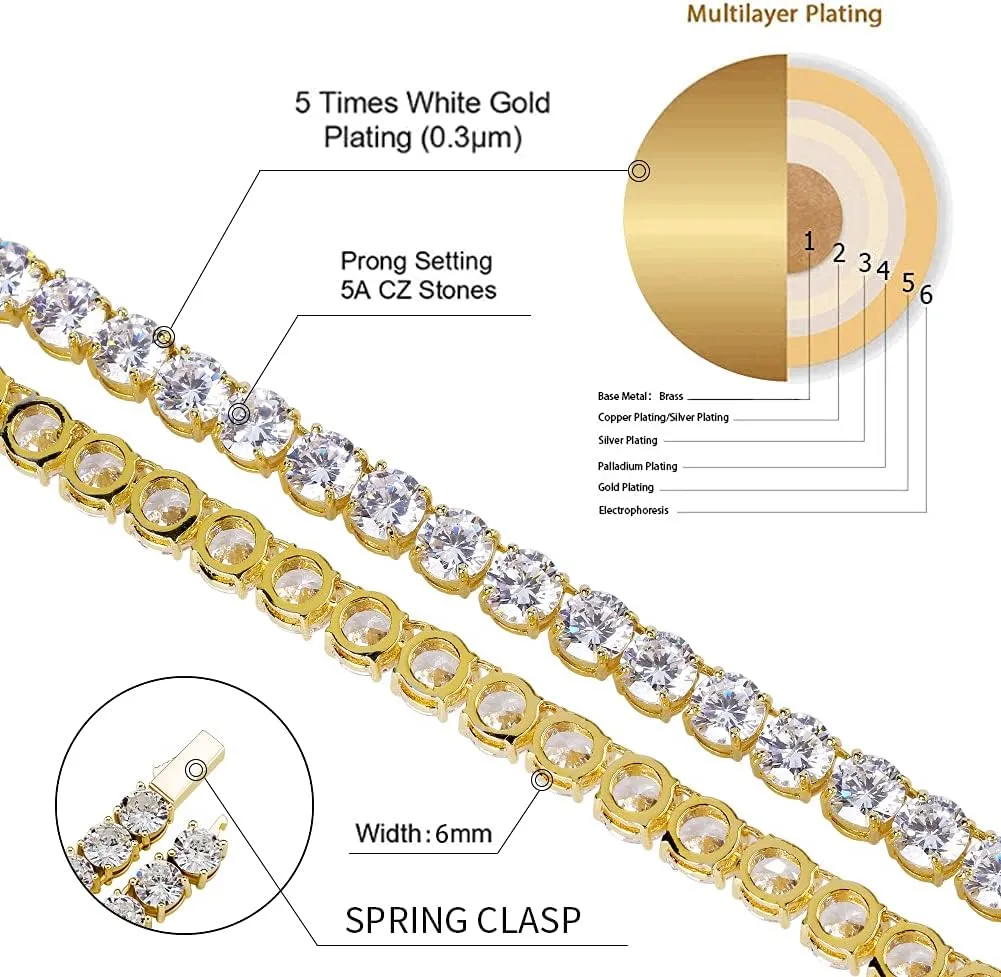 JINAO 6MM Tennis Chain Necklace 18k Gold Plated 1 Row Lab Simulated Diamond Iced Out Cubic Zirconia Chain Men's Hip hop Tennis Choker Necklace Chain for Men Women