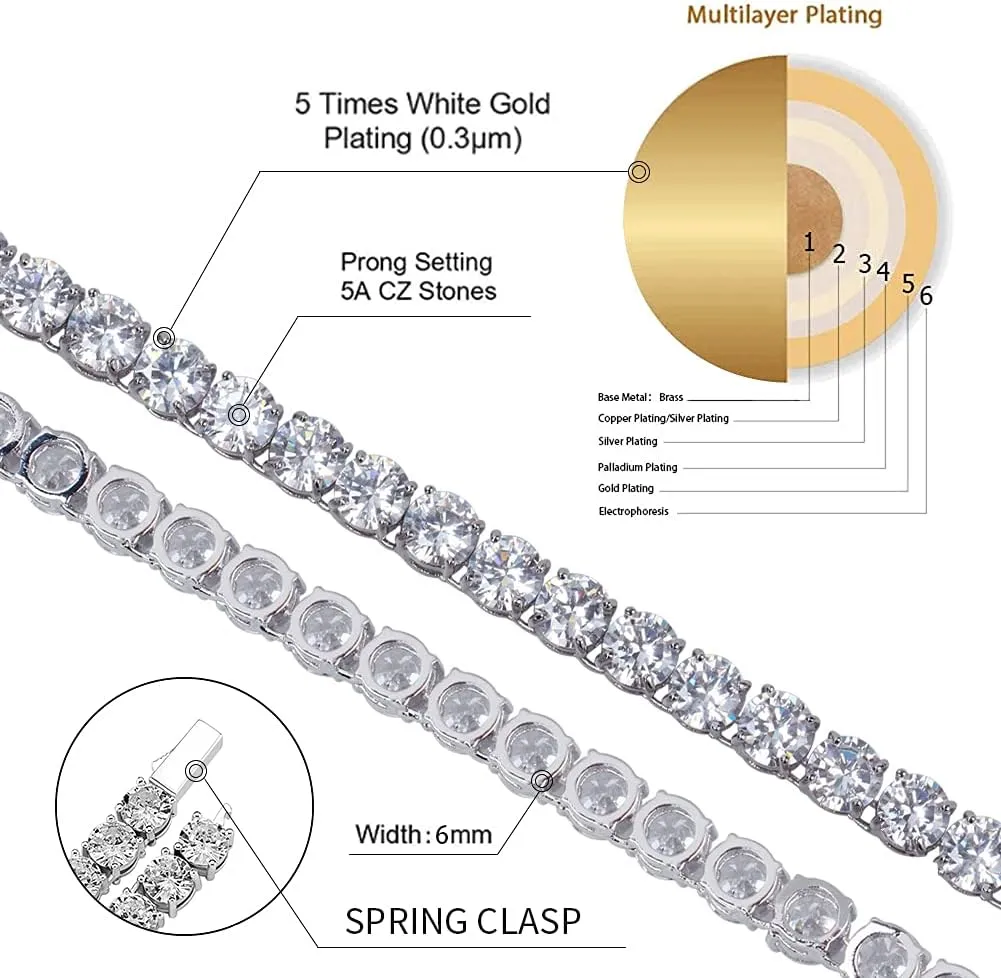 JINAO 6MM Tennis Chain Necklace 18k Gold Plated 1 Row Lab Simulated Diamond Iced Out Cubic Zirconia Chain Men's Hip hop Tennis Choker Necklace Chain for Men Women