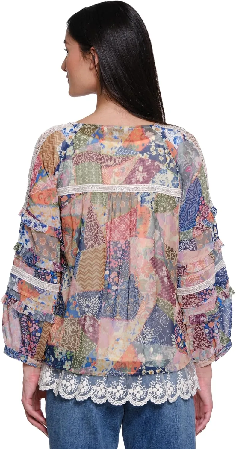 John Mark Women's Mix Yarn Dye Stripe Button Front with Print Accent and Embroidery