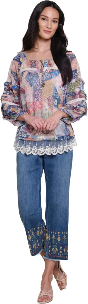 John Mark Women's Mix Yarn Dye Stripe Button Front with Print Accent and Embroidery